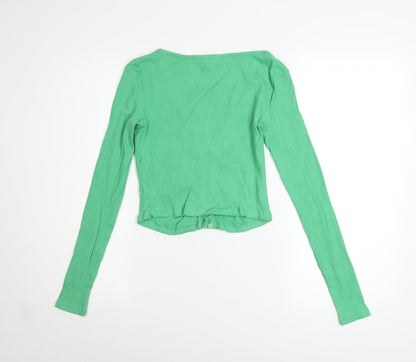 Stradivarius Womens Green Long Sleeve Cropped Button-Up Top Size M