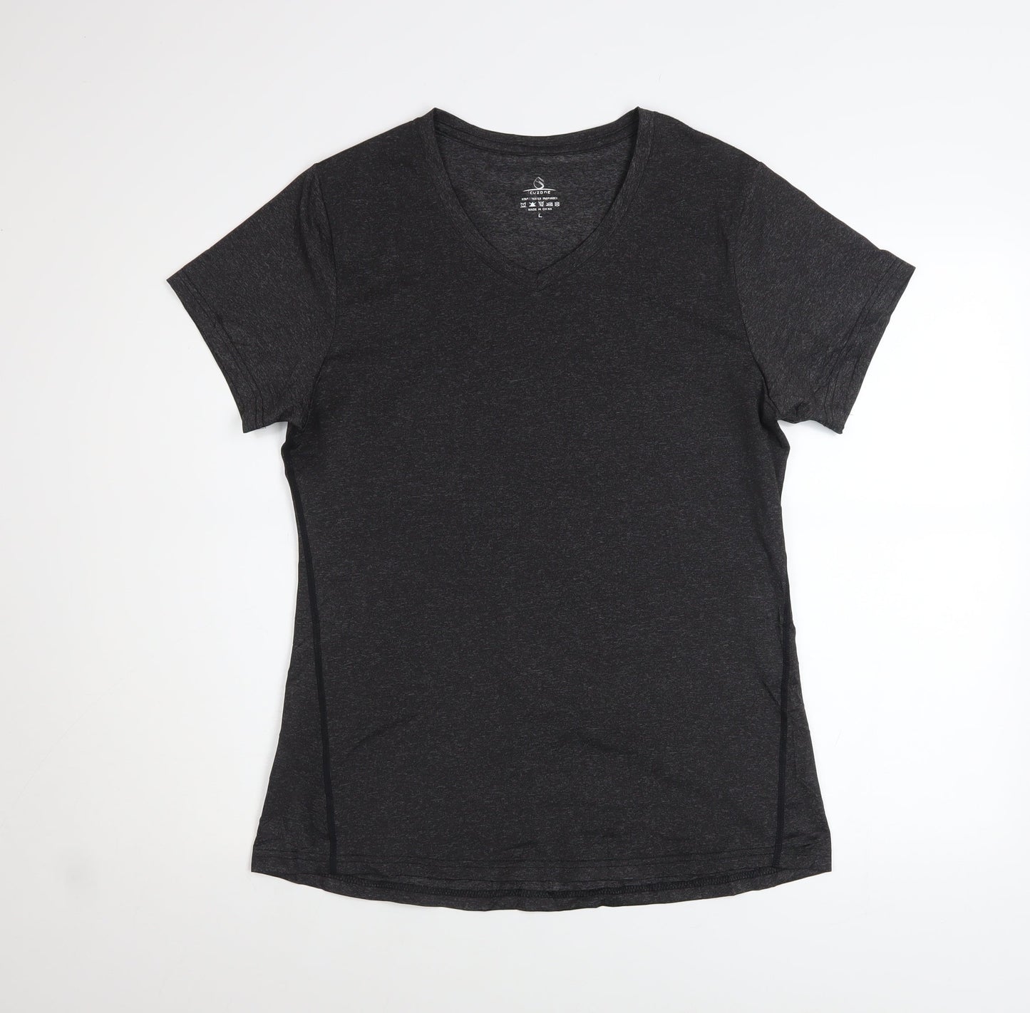 Cuzone Women Black V-Neck Short Sleeve Active T-Shirt L