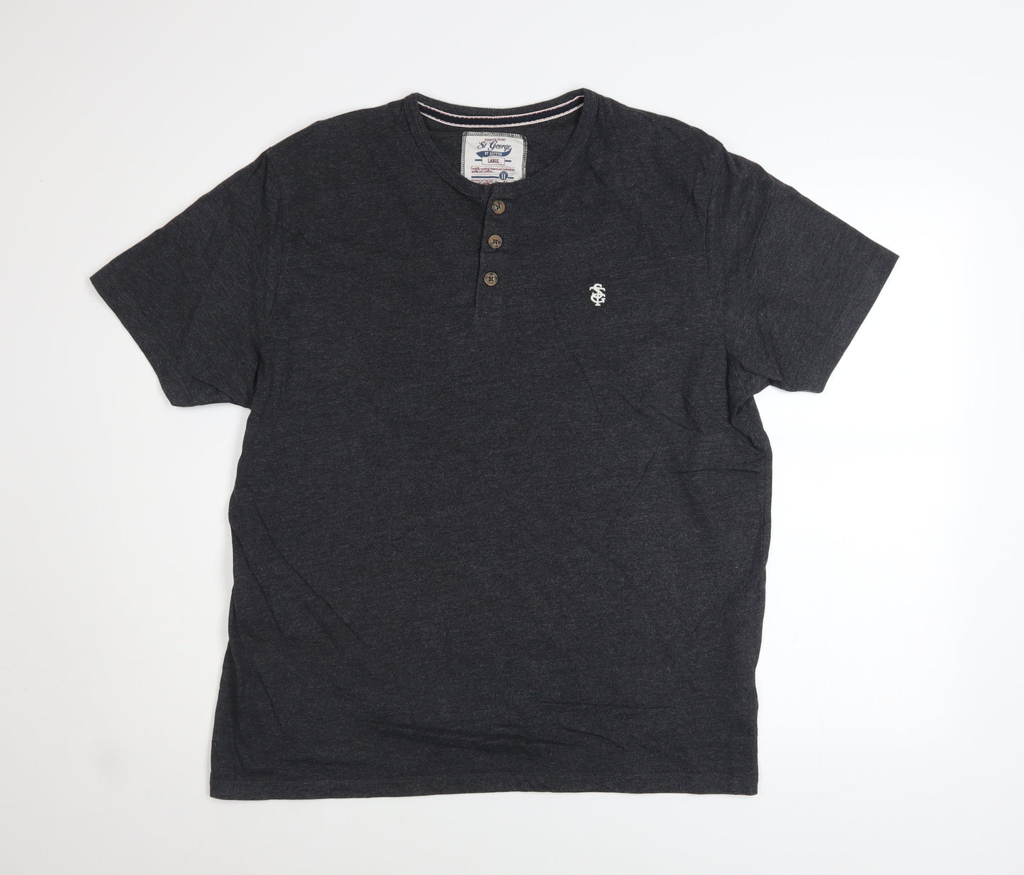 St George by Duffer Men's Grey Henley Short Sleeve Cotton Blend Shirt Size L