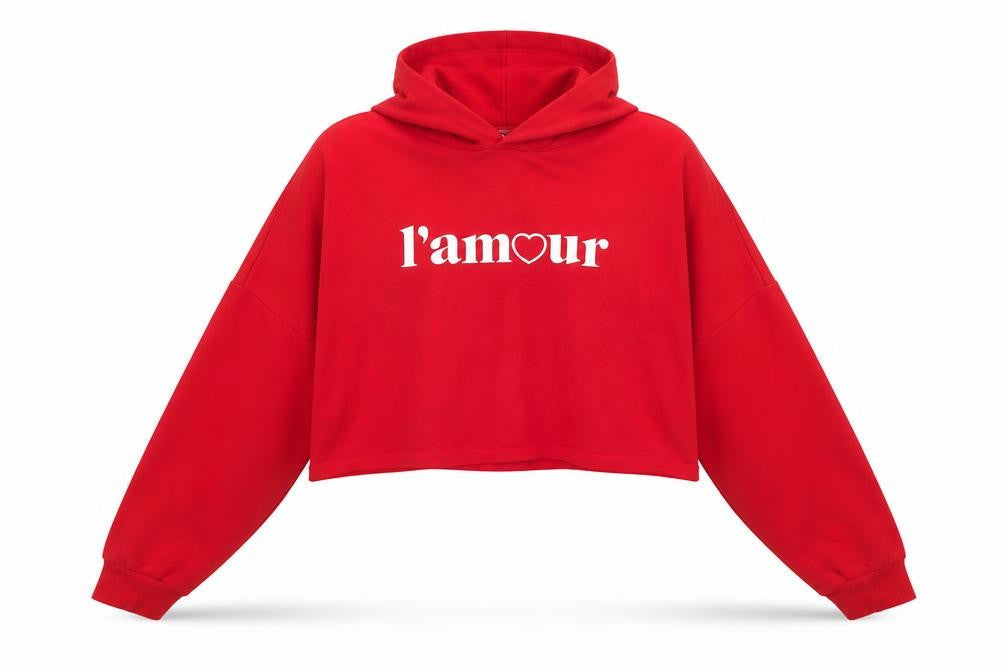 H&M Divided Womens Red Cropped Pullover Hoodie Size M L'amour Print