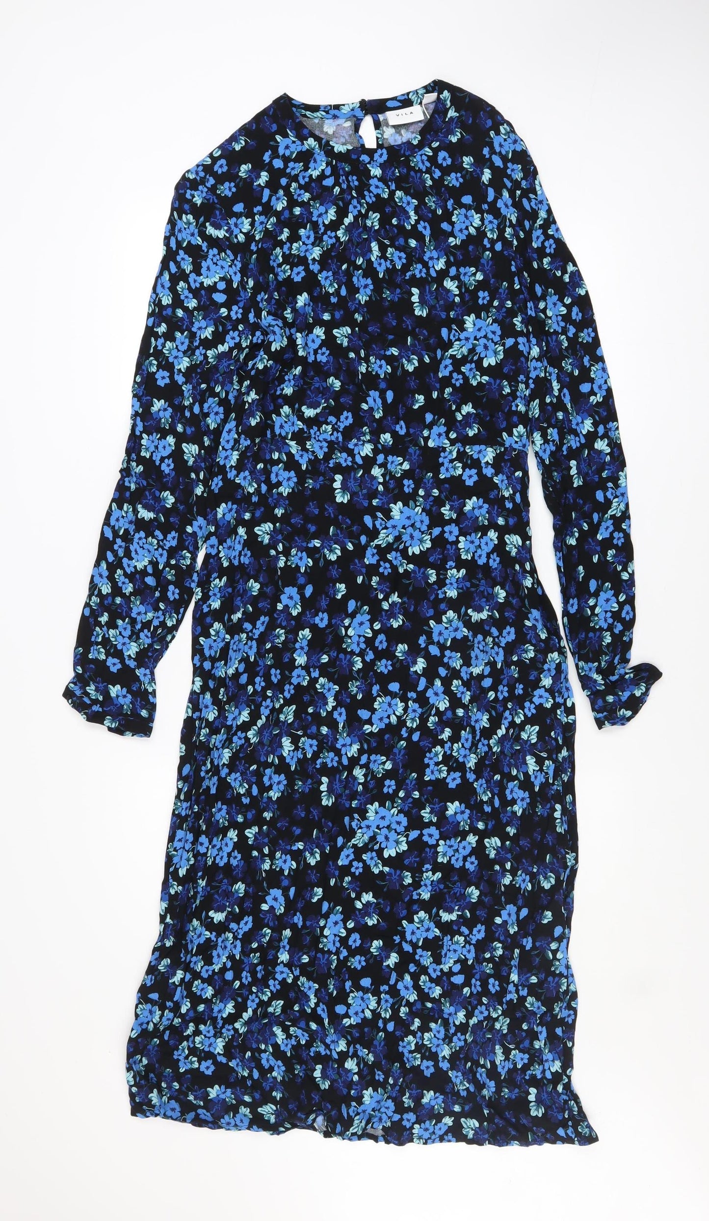 Vila Women Blue Floral Midi A-Line Dress Size 10