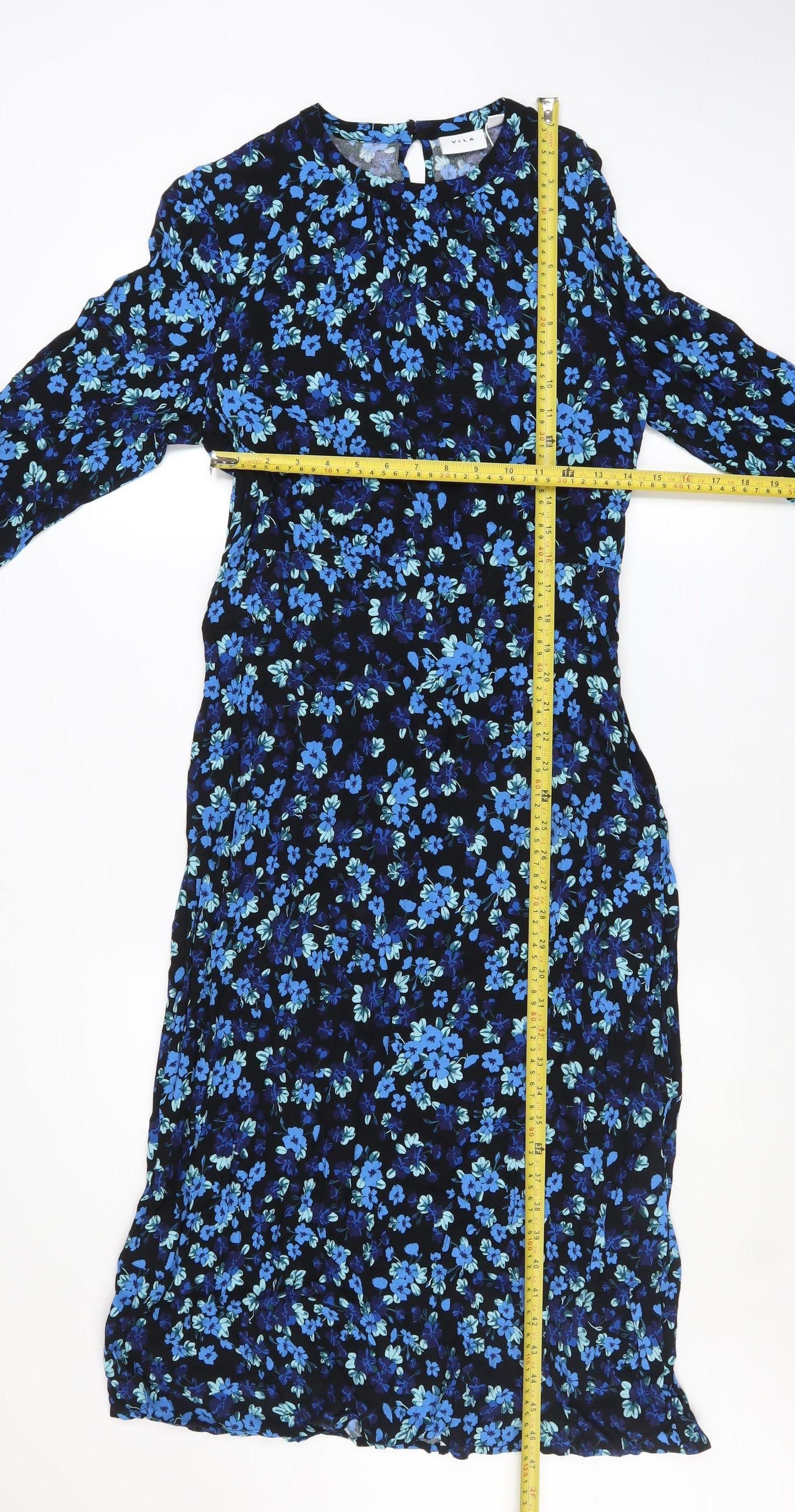 Vila Women Blue Floral Midi A-Line Dress Size 10