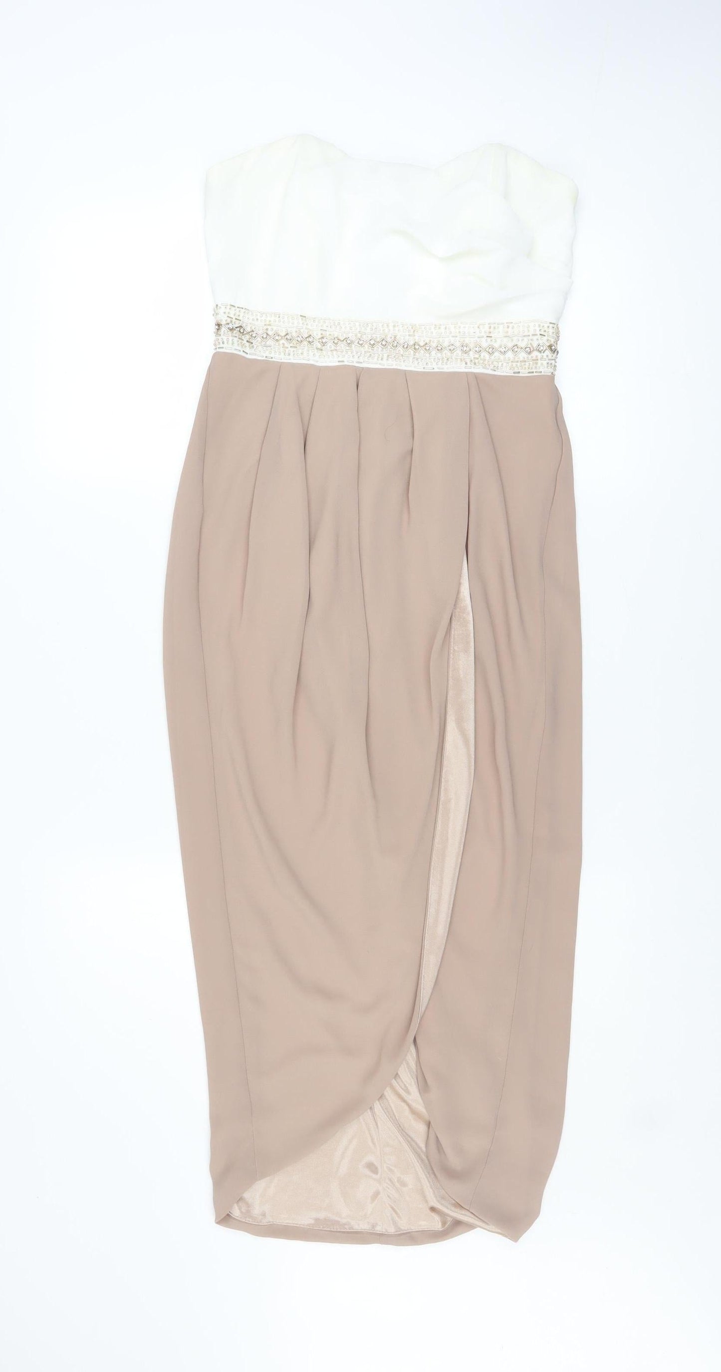 TFNC London Women Beige Strapless Beaded Bodycon Dress Size M