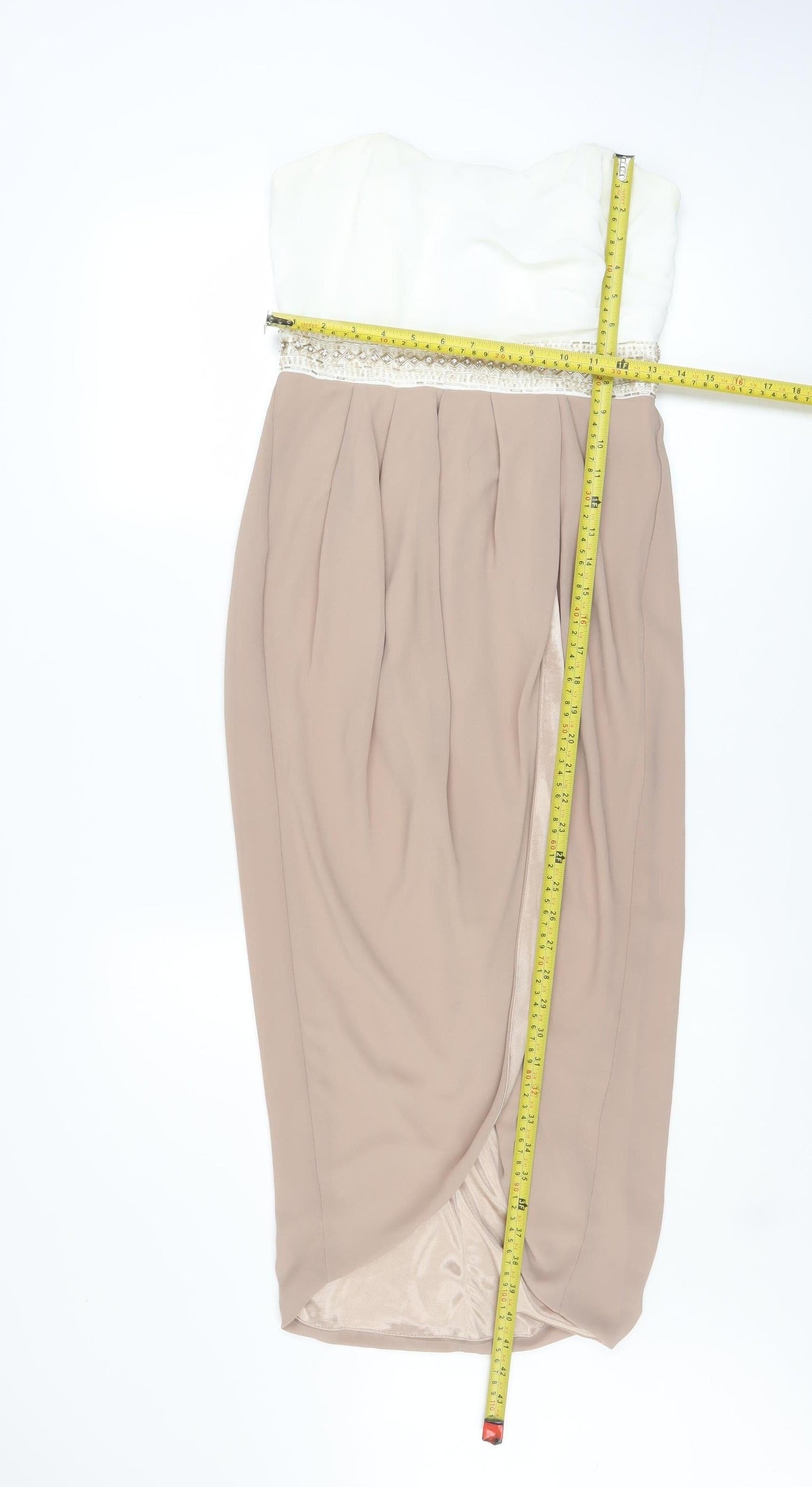 TFNC London Women Beige Strapless Beaded Bodycon Dress Size M