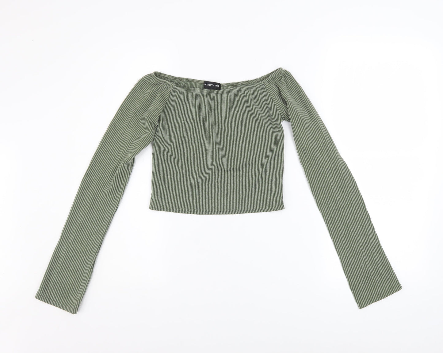 PrettyLittleThing Women’s Green Off Shoulder Ribbed Cropped Top UK 8
