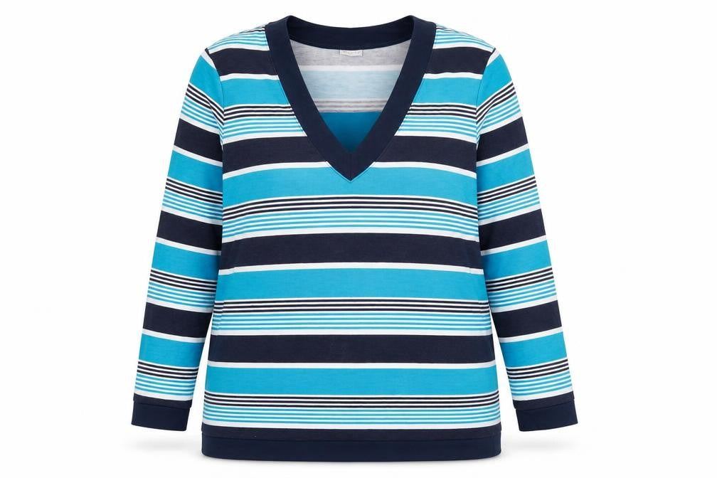 Damart Women Blue Striped V-Neck Pullover Sweatshirt L 18/20