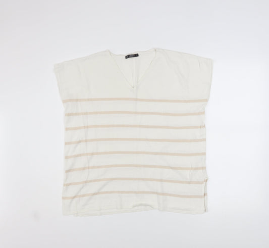 Dunnes Stores Women Beige Striped V-Neck Relaxed T-Shirt Size 12