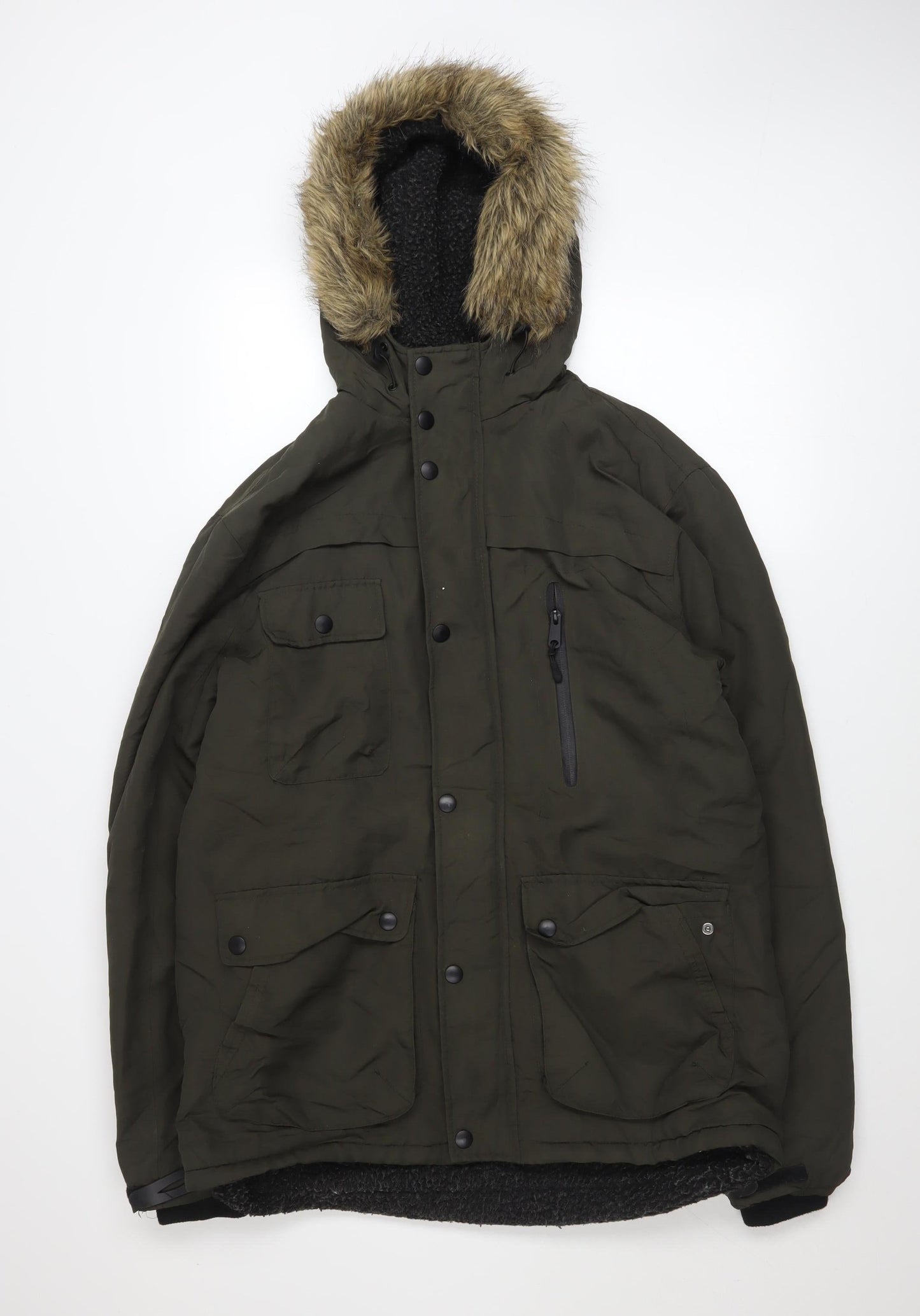 Holmes & Co Men’s Green Parka Jacket M Hooded Faux Fur Trim Winter Coat