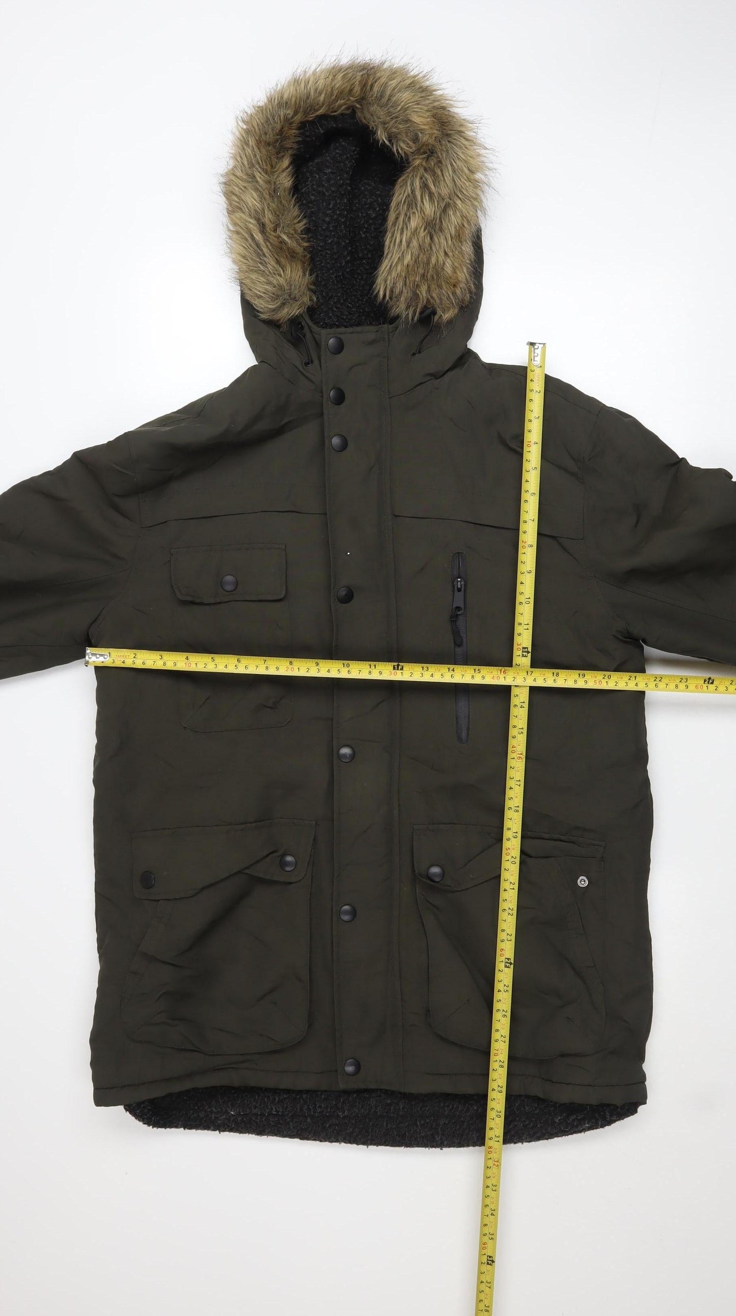 Holmes & Co Men’s Green Parka Jacket M Hooded Faux Fur Trim Winter Coat
