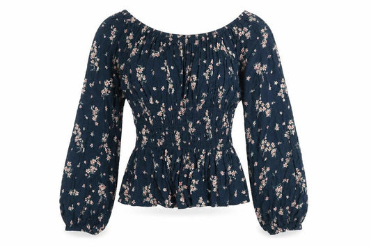 Hippie Rose Womens Blue Floral Peasant Blouse Long Sleeve Size L