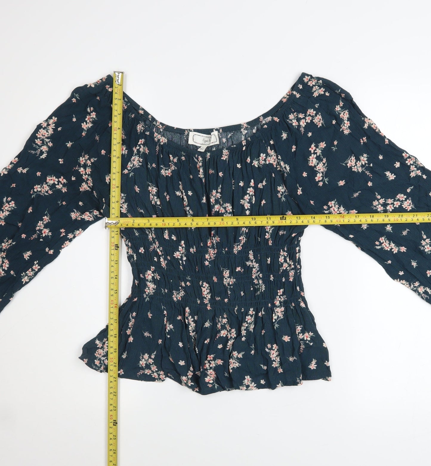 Hippie Rose Womens Blue Floral Peasant Blouse Long Sleeve Size L