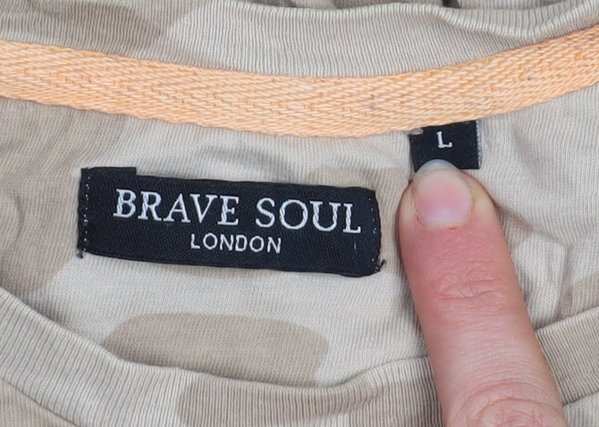 Brave Soul Men's Beige Camouflage Cotton T-Shirt Size L with Zip Accents