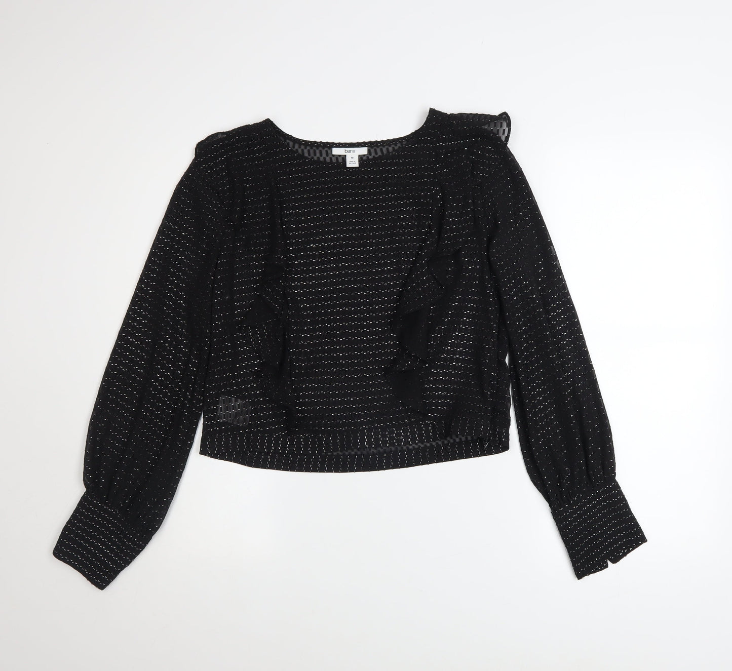 Bar III Women's Black Ruffle Cropped Long Sleeve Blouse M