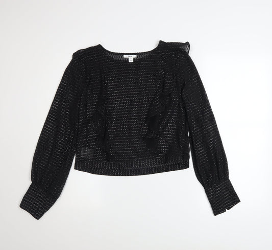 Bar III Women's Black Ruffle Cropped Long Sleeve Blouse M