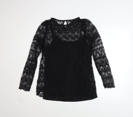 F&F Women's Black Lace Long Sleeve Blouse UK 10 Classic Style
