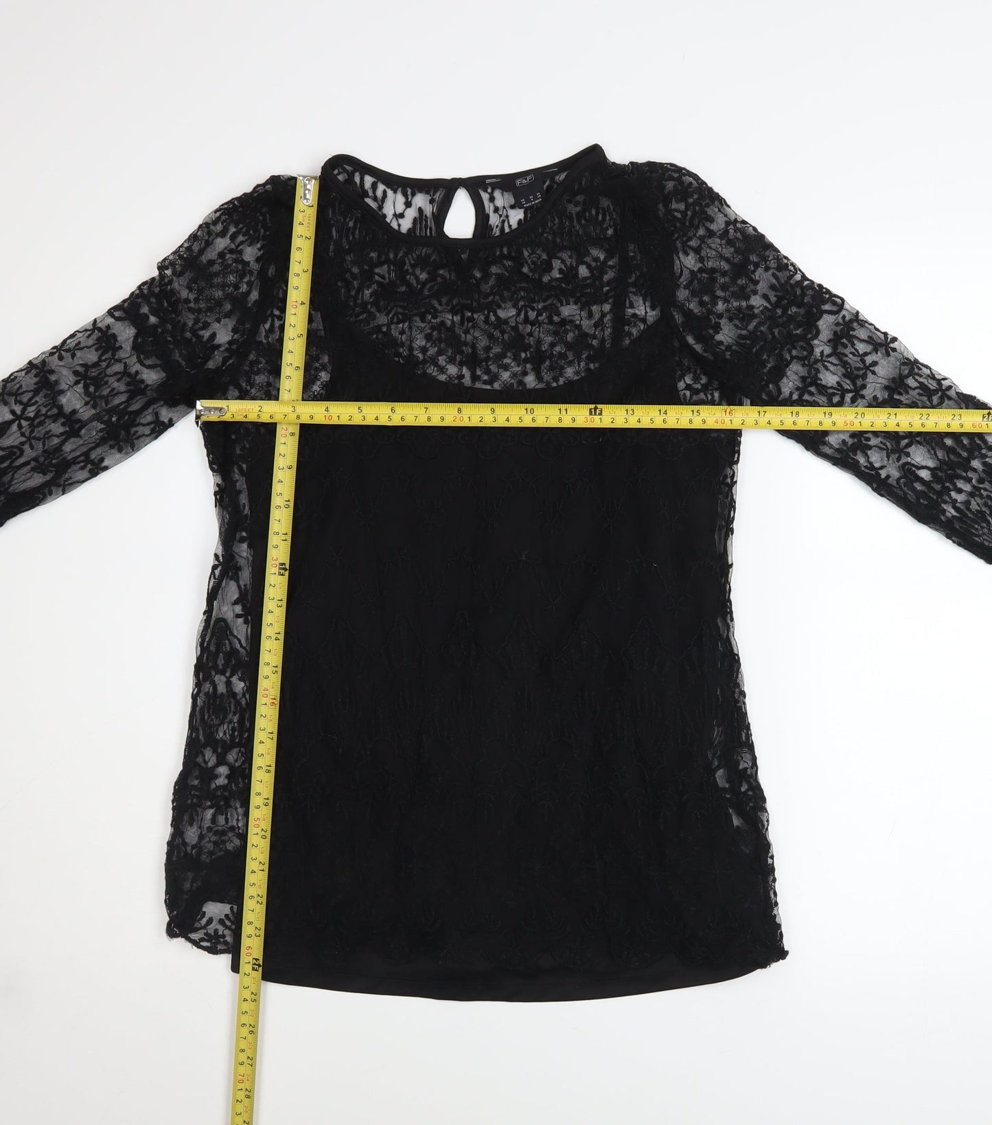 F&F Women's Black Lace Long Sleeve Blouse UK 10 Classic Style
