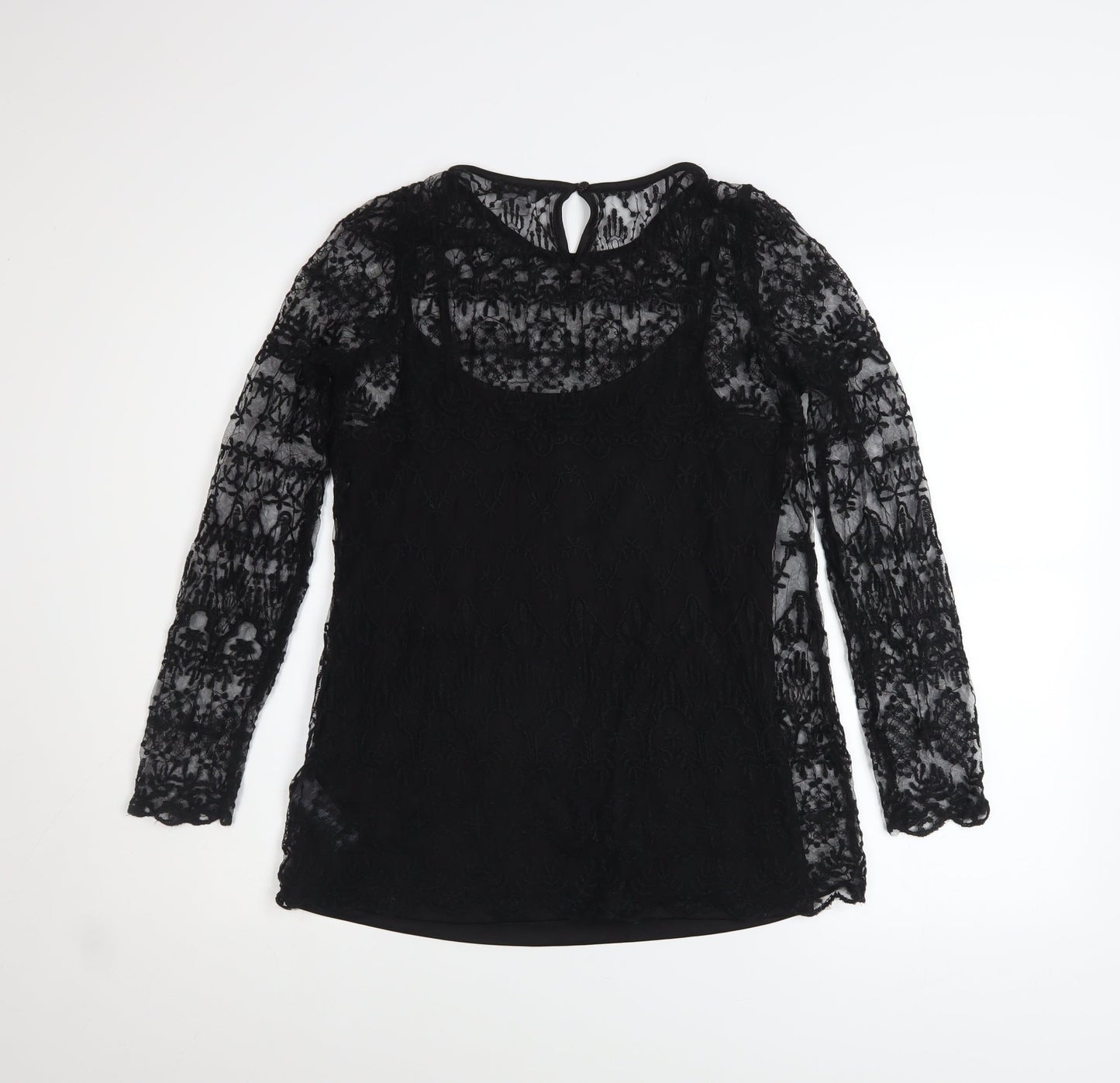 F&F Women's Black Lace Long Sleeve Blouse UK 10 Classic Style