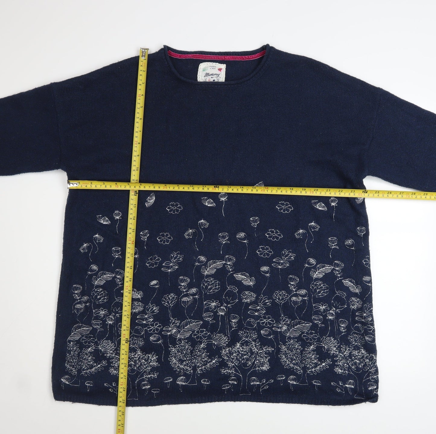Mantaray Women’s Blue Floral Embroidered Cotton Wool Jumper Size L