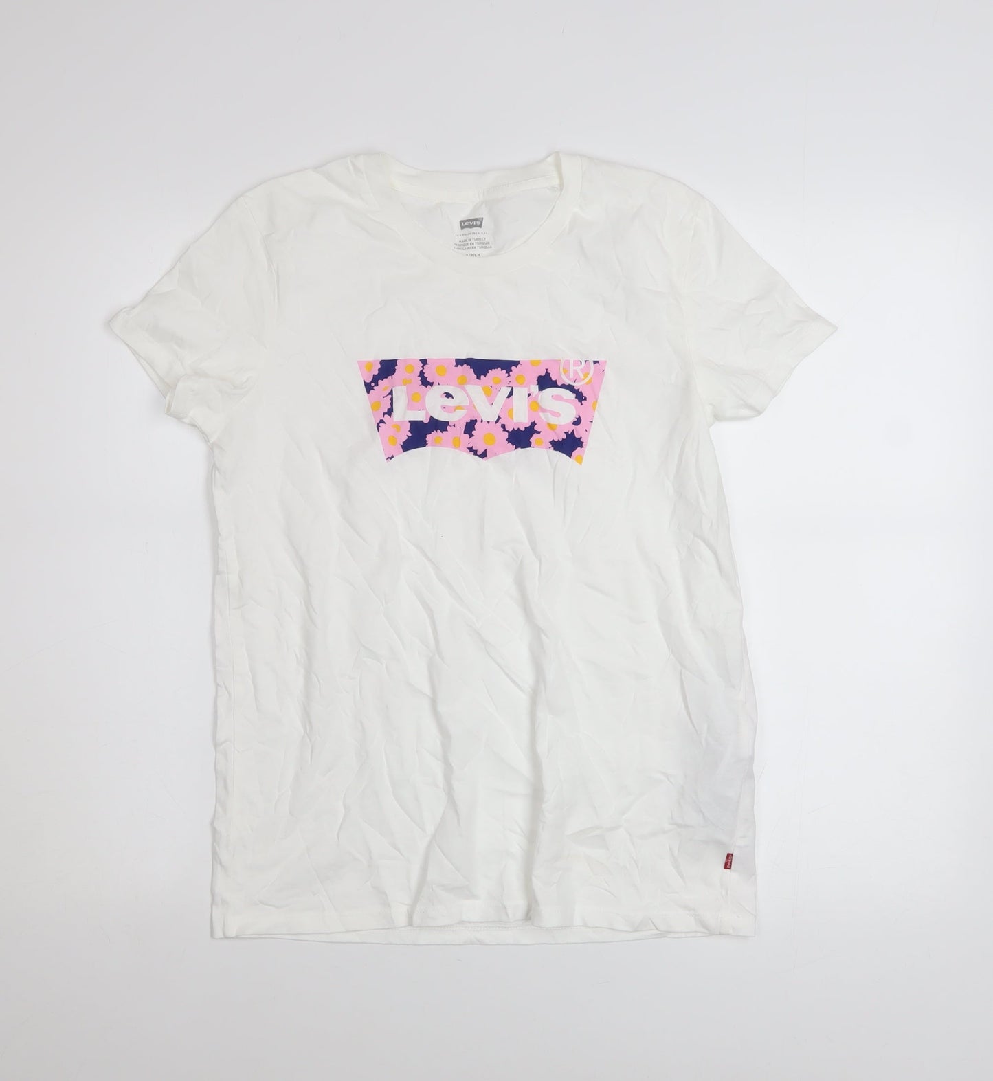Levi's Women's White Floral Logo T-Shirt Size S Cotton Short Sleeve