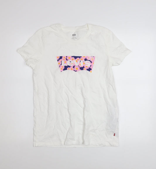 Levi's Women's White Floral Logo T-Shirt Size S Cotton Short Sleeve