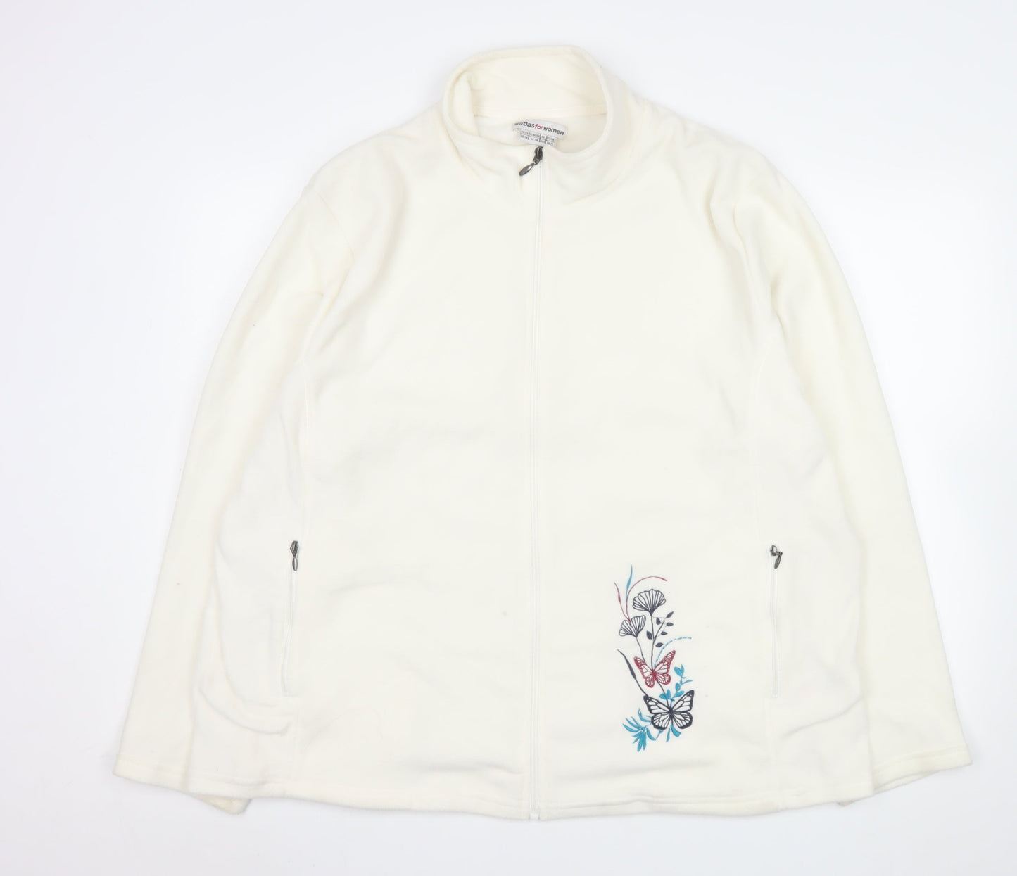 Atlasforwomen White Embroidered Fleece Jacket Women’s Plus 24-26 Zip Pockets