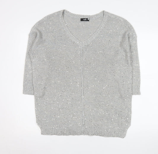 Wallis Women’s Grey Sequin V-Neck Pullover Jumper Size M