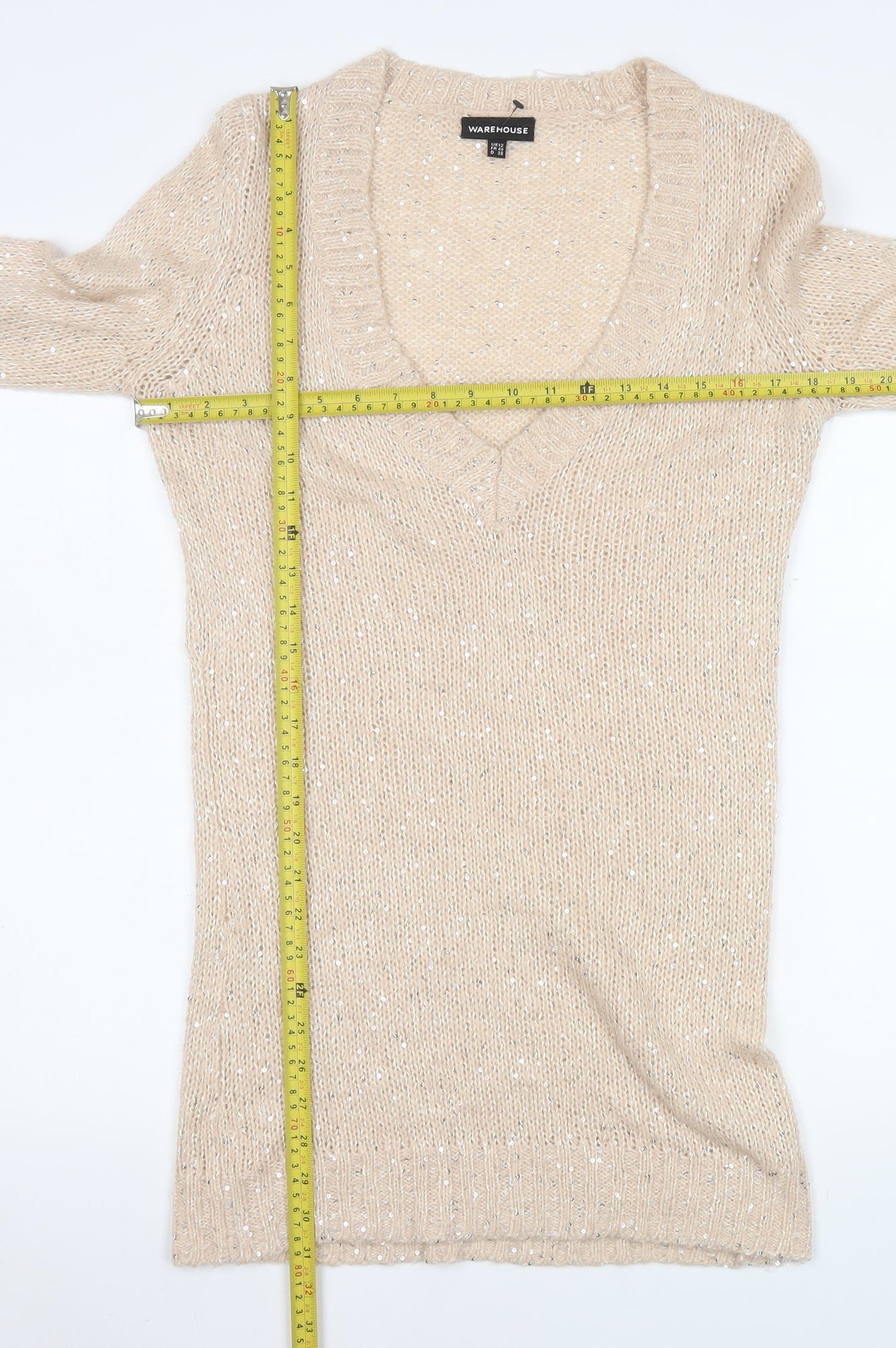 Warehouse Women’s Beige Sequin V-Neck Long Sleeve Pullover Jumper Size 12