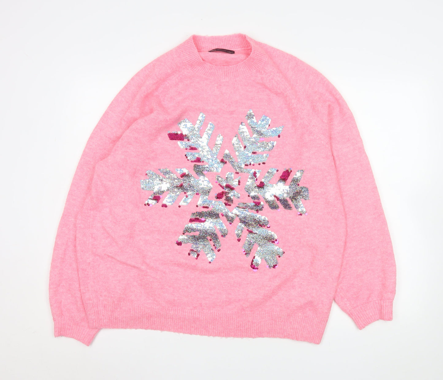 Marks and Spencer Women’s Pink Sequin Snowflake Jumper Size L Winter Pullover