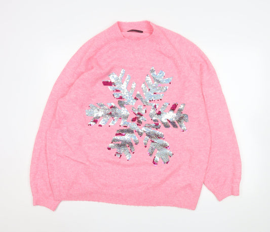 Marks and Spencer Women’s Pink Sequin Snowflake Jumper Size L Winter Pullover