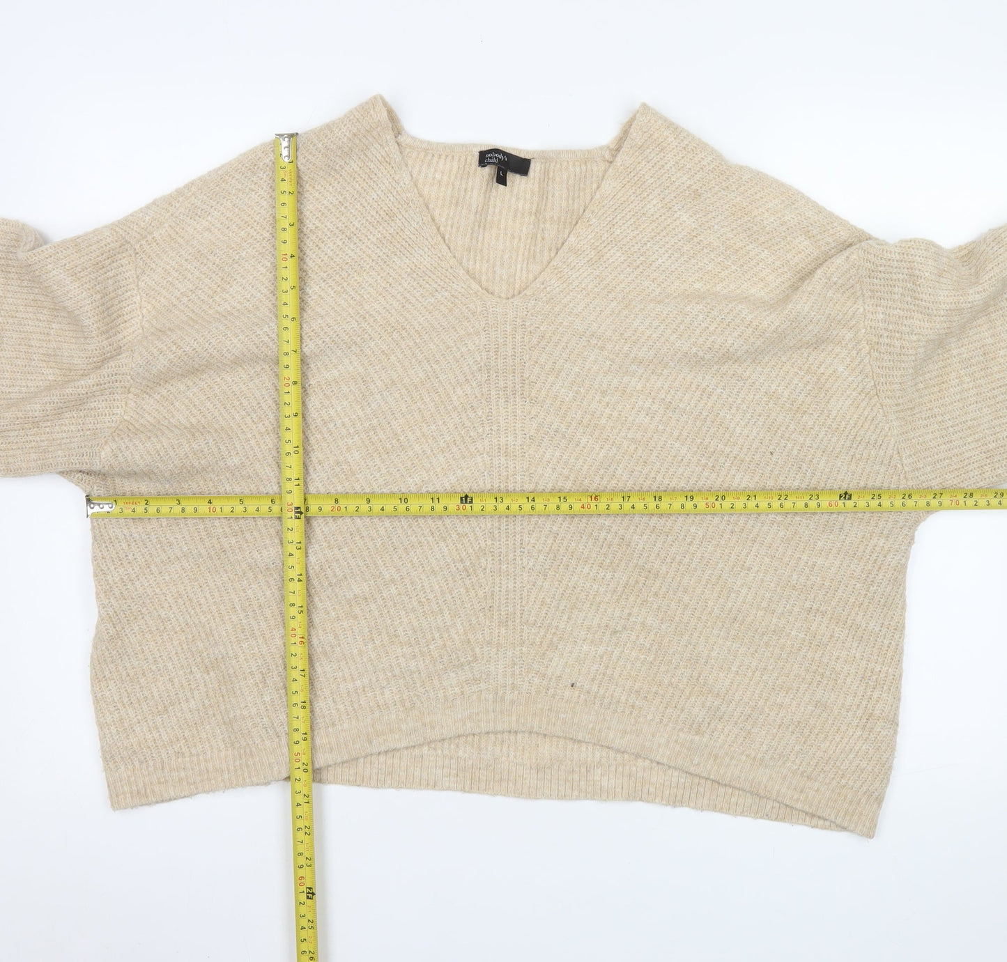 Nobody's Child Women's Beige V-Neck Ribbed Knit Jumper Size L