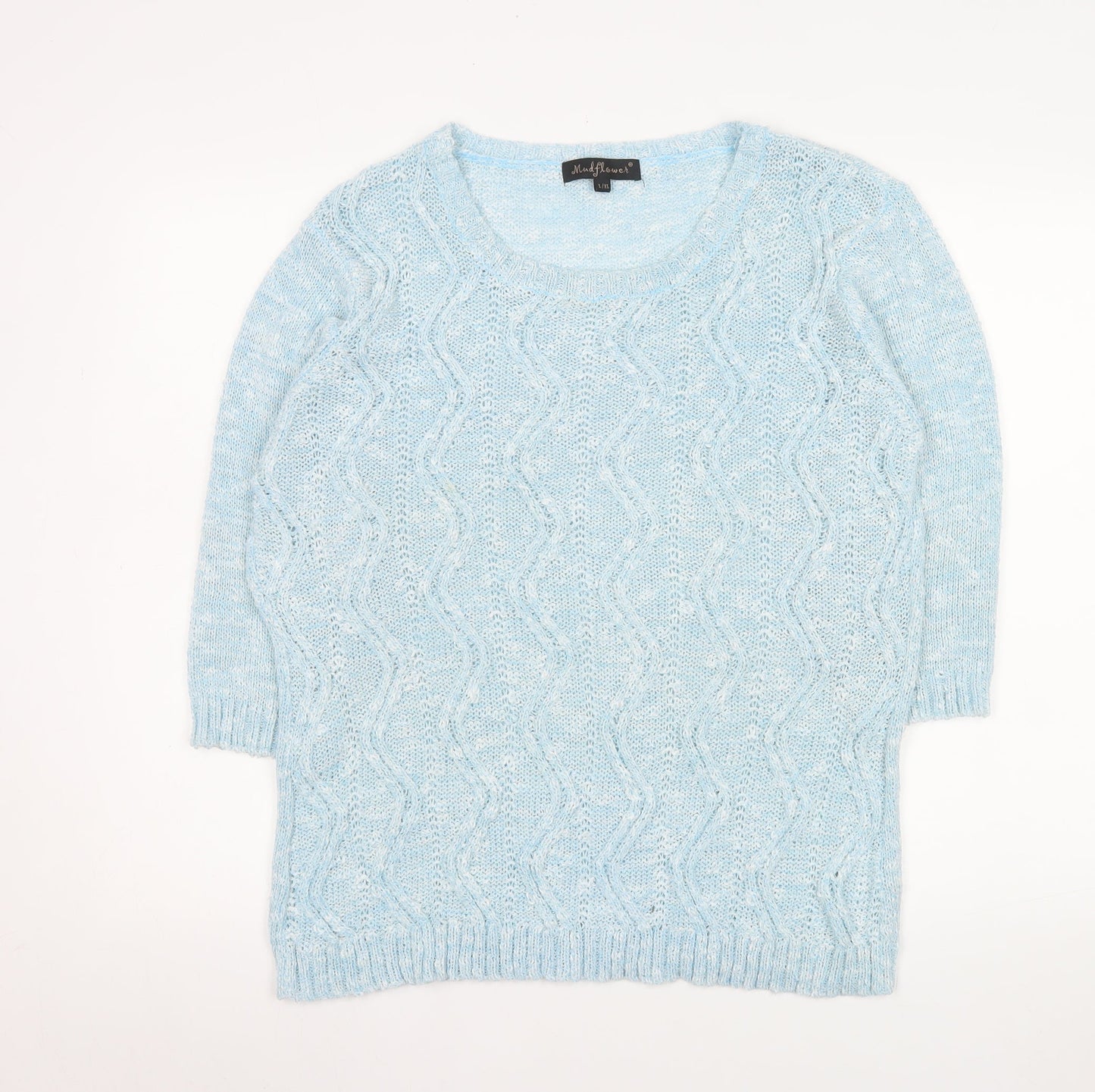 Mudflower Women’s Blue Cable Knit 3/4 Sleeve Cotton Jumper L/XL