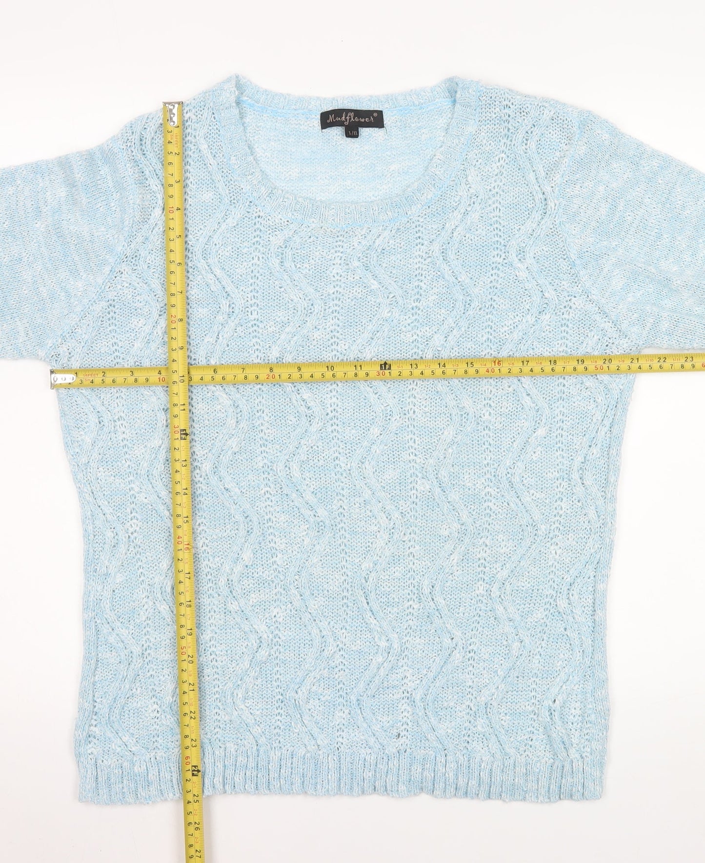 Mudflower Women’s Blue Cable Knit 3/4 Sleeve Cotton Jumper L/XL