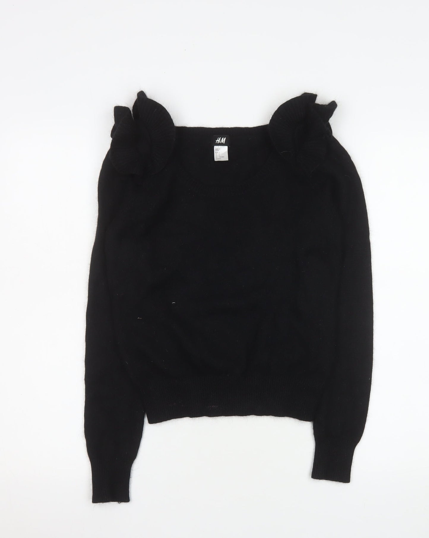 H&M Women Black Ruffle Shoulder Angora Knit Blouse Size S