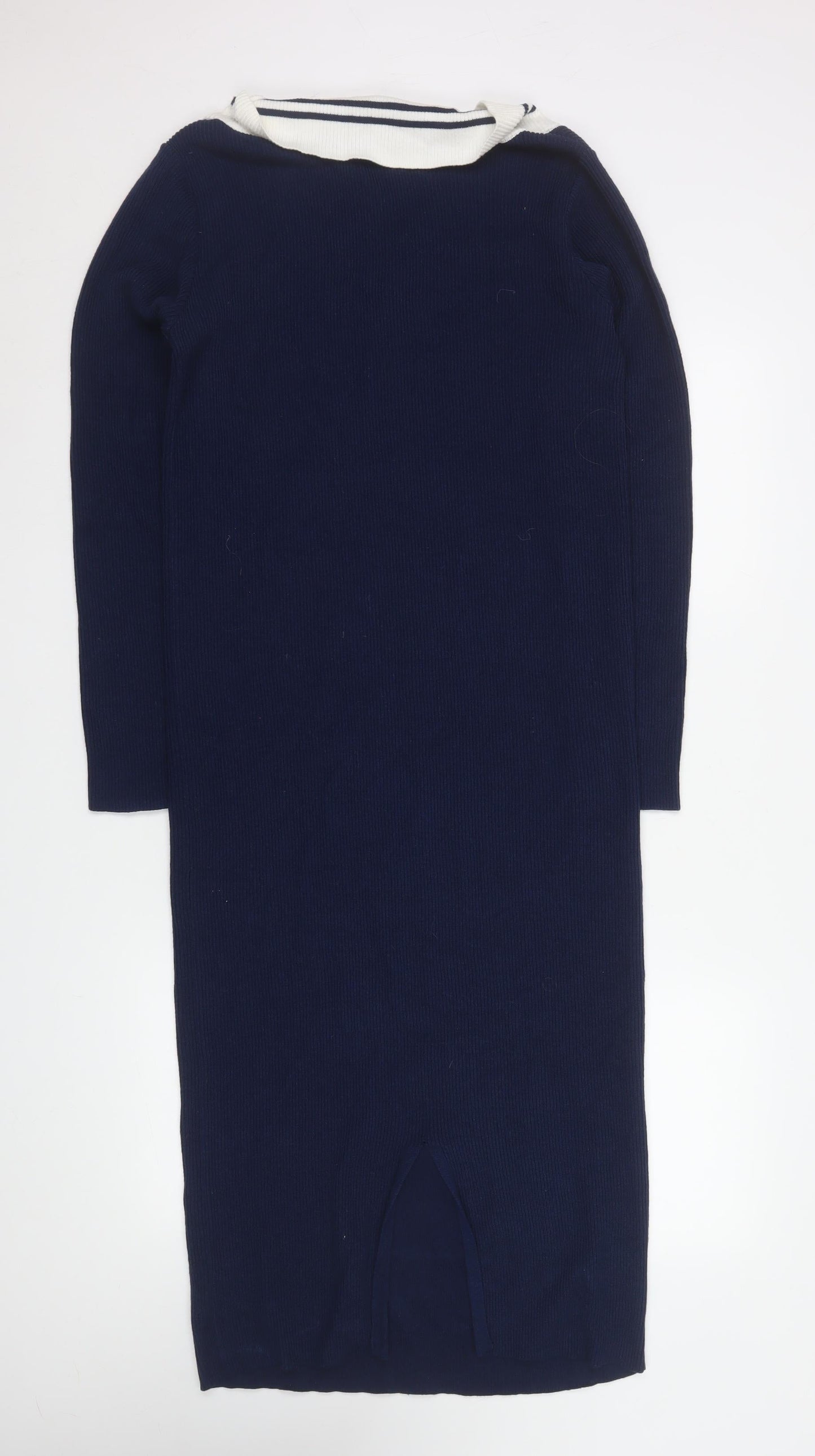 Kling Women Blue Size 12 Midi V-Neck Cotton Knit Sweater Dress