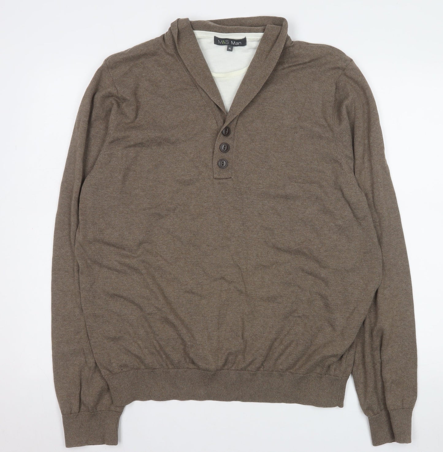 Marks and Spencer Men’s Beige XL Cotton Shawl Collar Knit Shirt