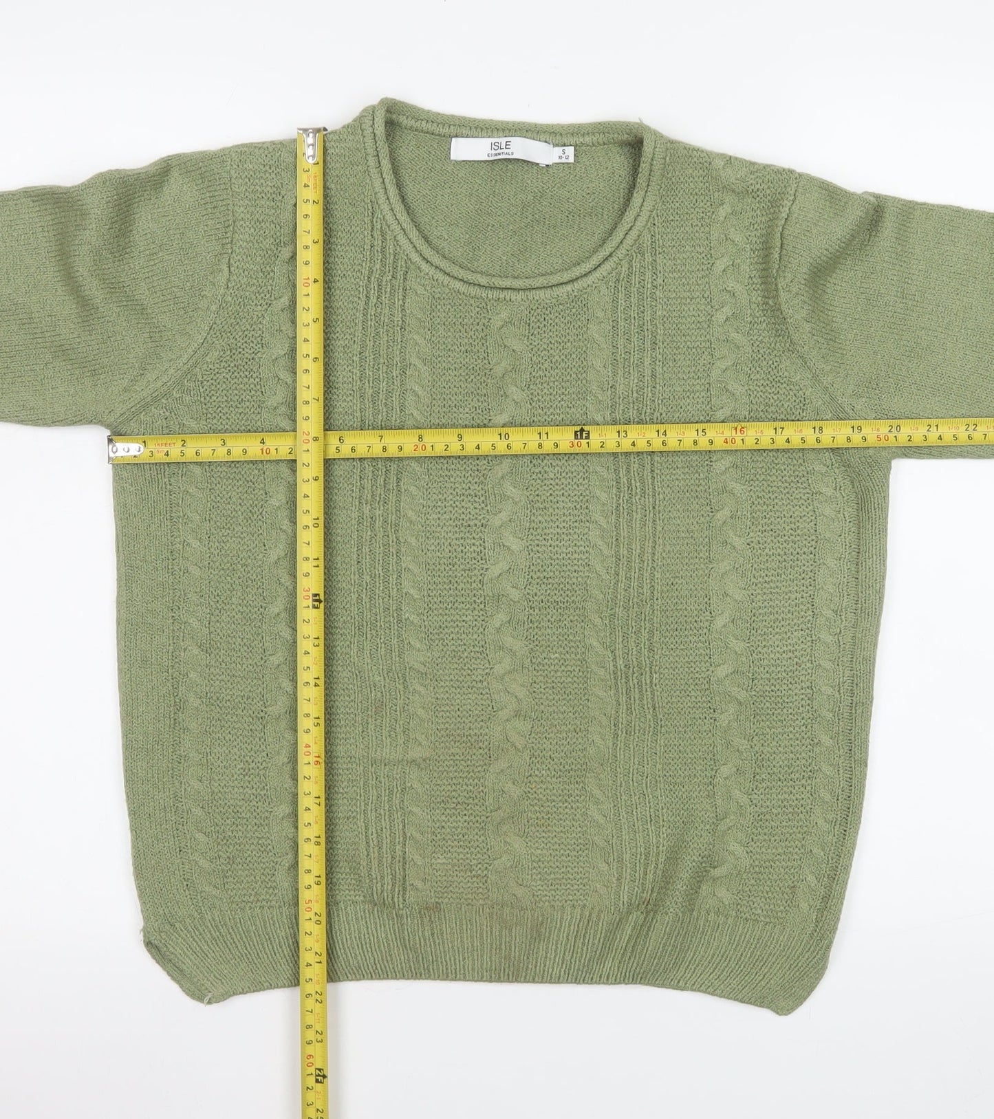 Isle Essentials Women's Green Cable-Knit Acrylic Jumper Size S 10-12