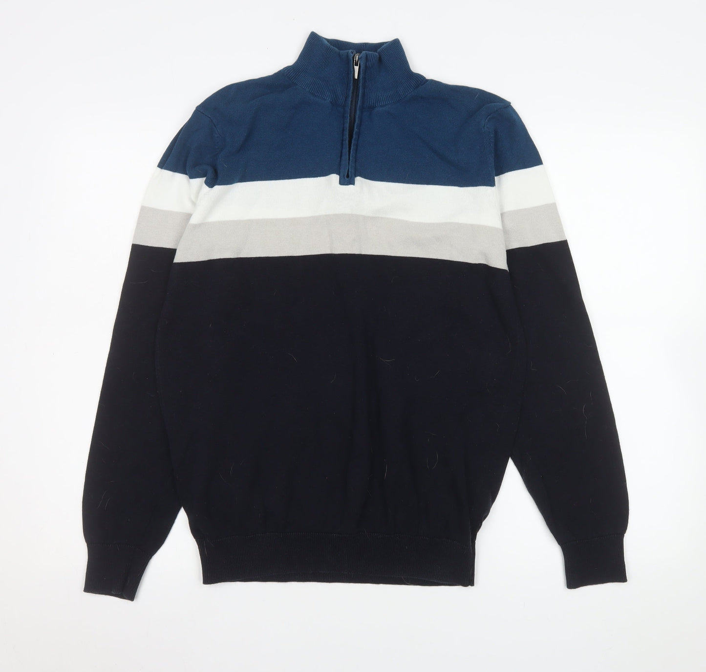 Peacocks Men's Blue Striped 1/4 Zip Cotton Sweatshirt Size M
