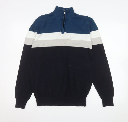 Peacocks Men's Blue Striped 1/4 Zip Cotton Sweatshirt Size M