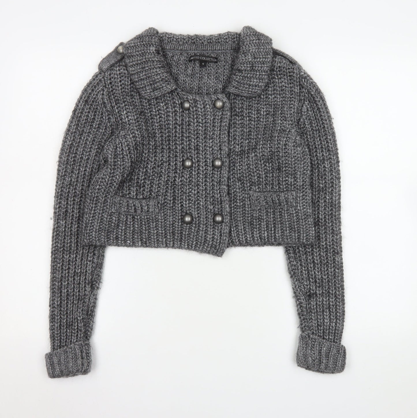 Marks and Spencer Women's Grey Chunky Knit Collared Cardigan UK 12