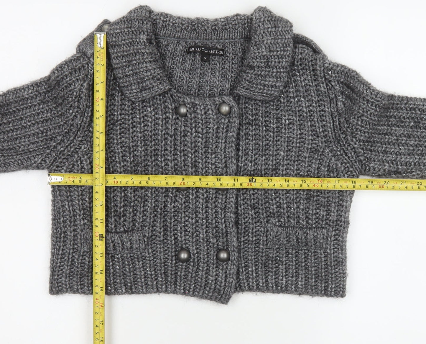 Marks and Spencer Women's Grey Chunky Knit Collared Cardigan UK 12