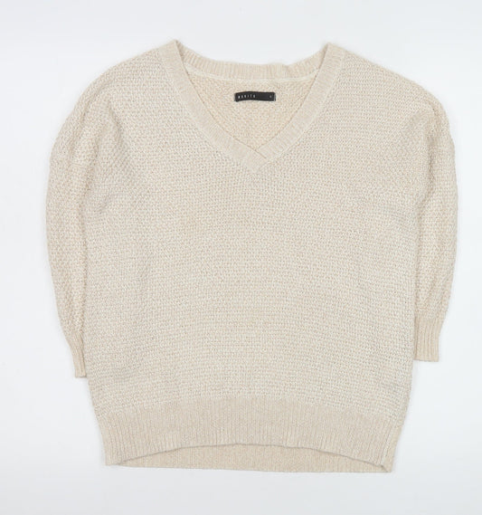 Mohito Women Beige Chunky-Knit V-Neck Pullover Jumper Size S