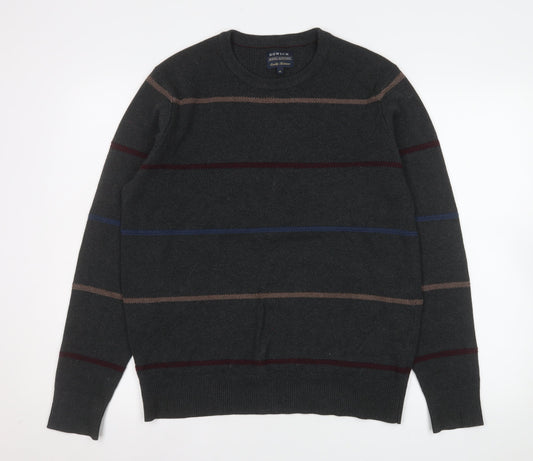 Howick Men's Grey Striped Cotton Crew Neck Jumper M