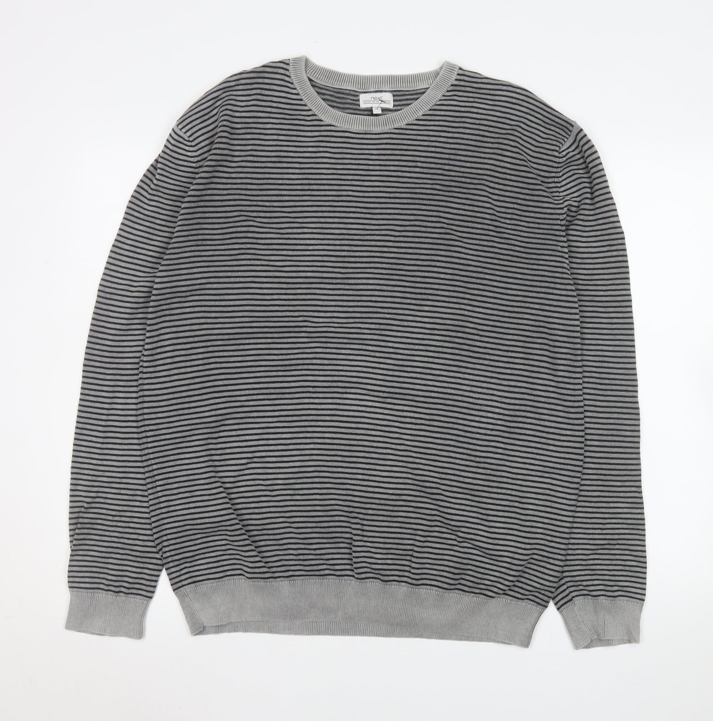 Next Men’s Grey Striped Cotton Crew Neck Pullover Jumper XL