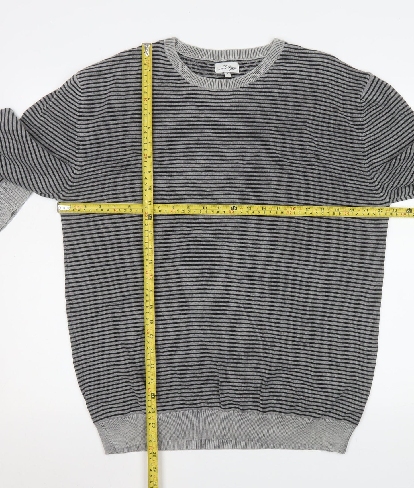 Next Men’s Grey Striped Cotton Crew Neck Pullover Jumper XL