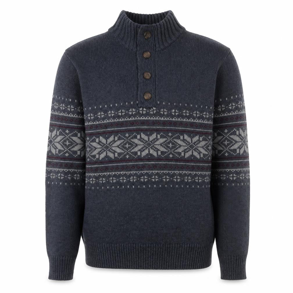 George Men’s Blue Fair Isle Button Henley Knit Sweatshirt Medium