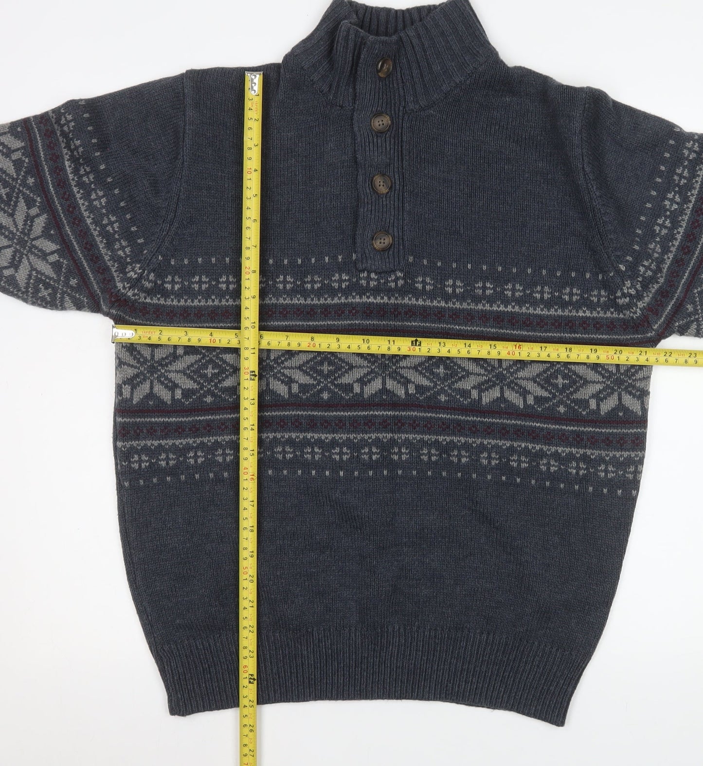 George Men’s Blue Fair Isle Button Henley Knit Sweatshirt Medium