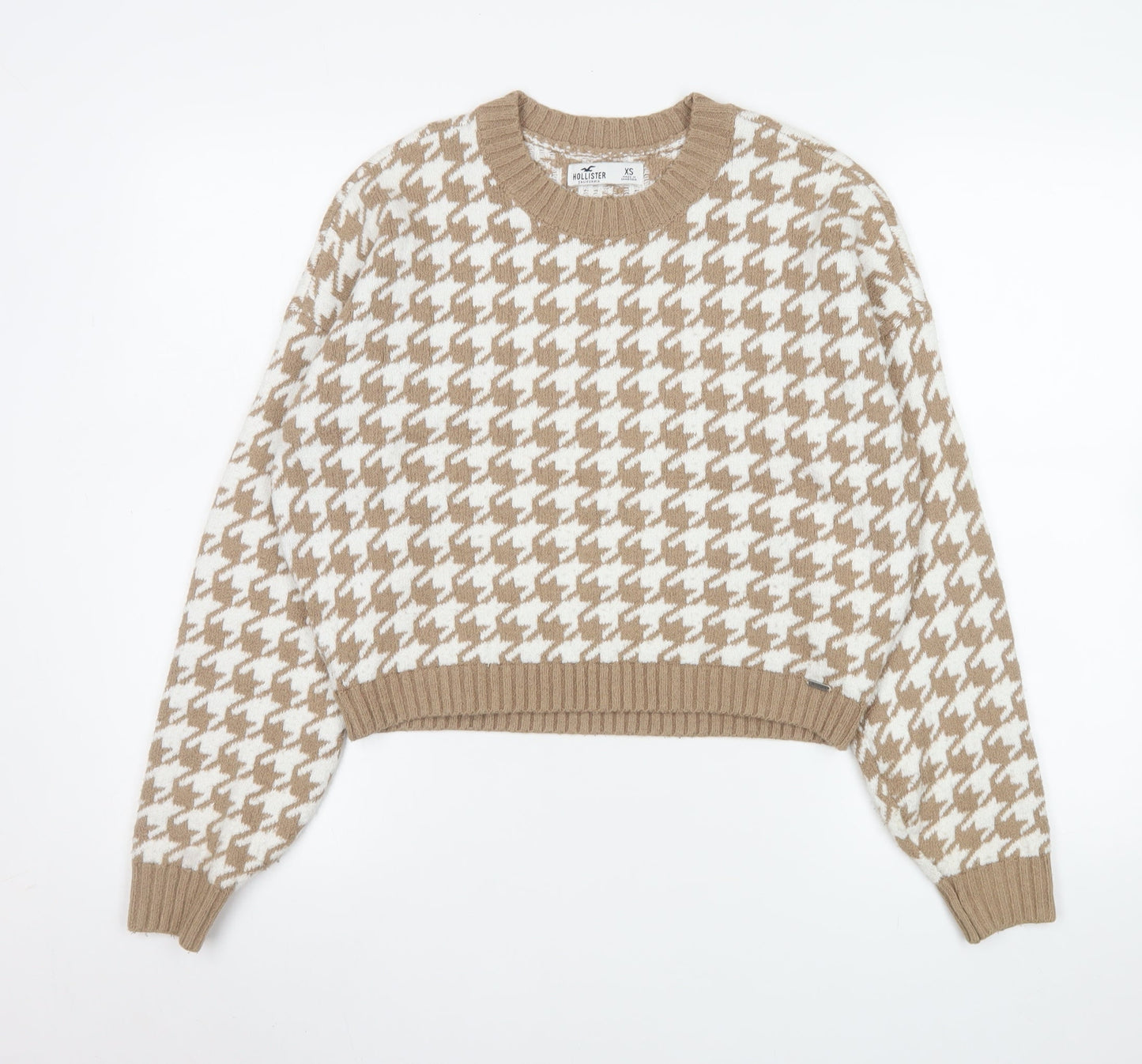 Hollister Womens Beige Houndstooth Knit Jumper XS Crew Neck Pullover