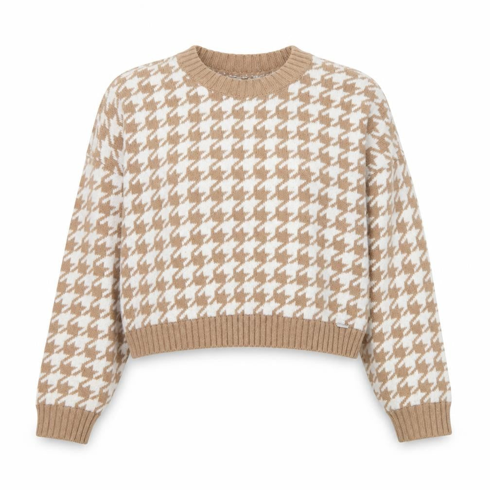 Hollister Womens Beige Houndstooth Knit Jumper XS Crew Neck Pullover