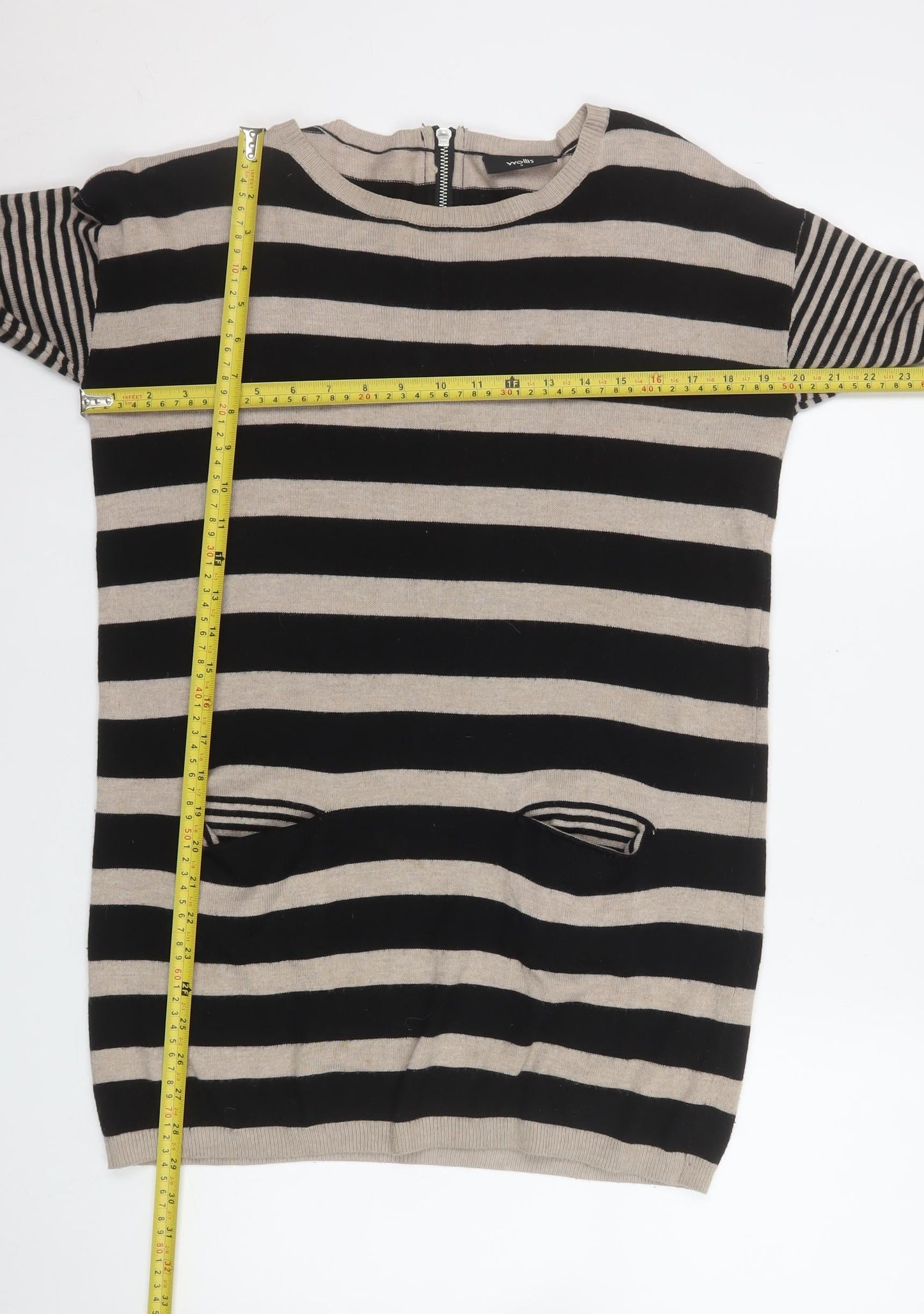 Wallis Women Beige Black Striped Knit Shift Dress Size 8