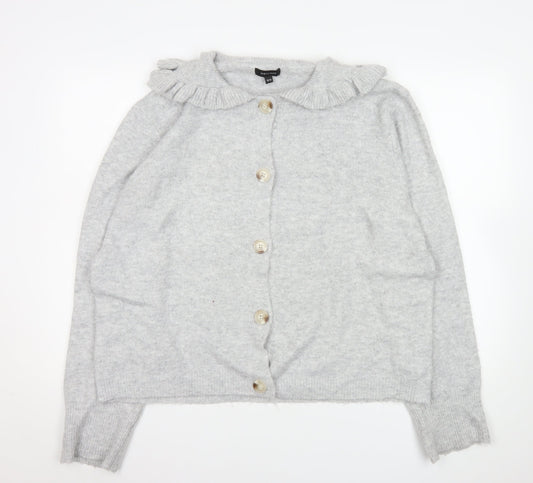 JD Williams Women Grey Cardigan Size 16/18 Button Front Ruffle Collar Knit